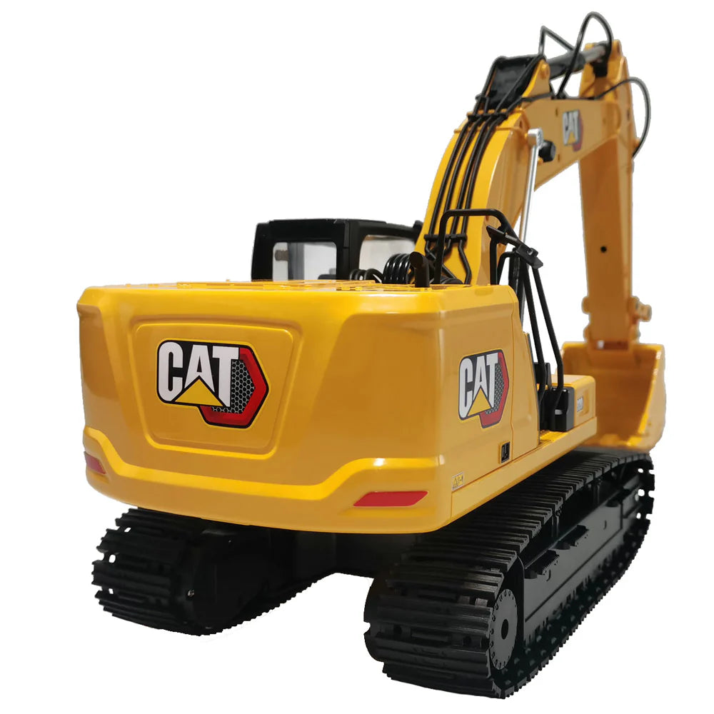 Back of a Yellow Caterpillar excavator on a white background