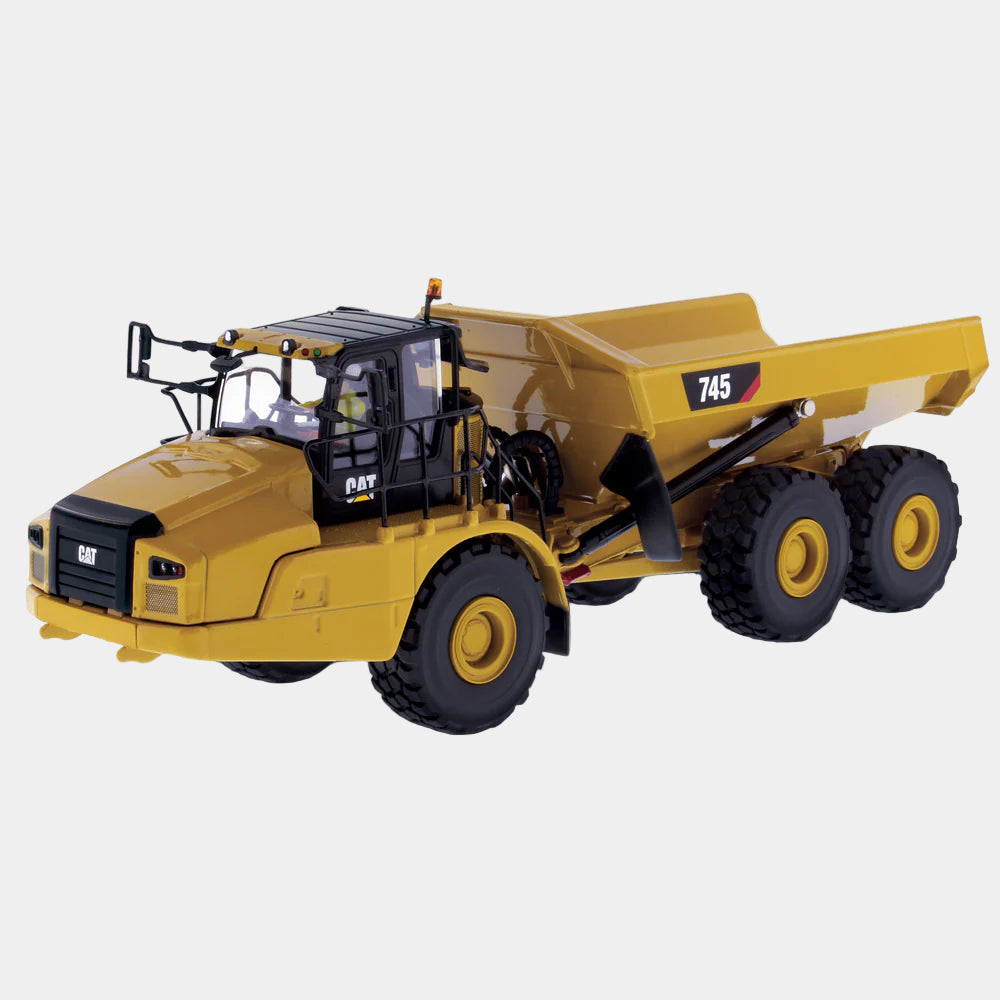 Yellow construction dump truck model on a white background