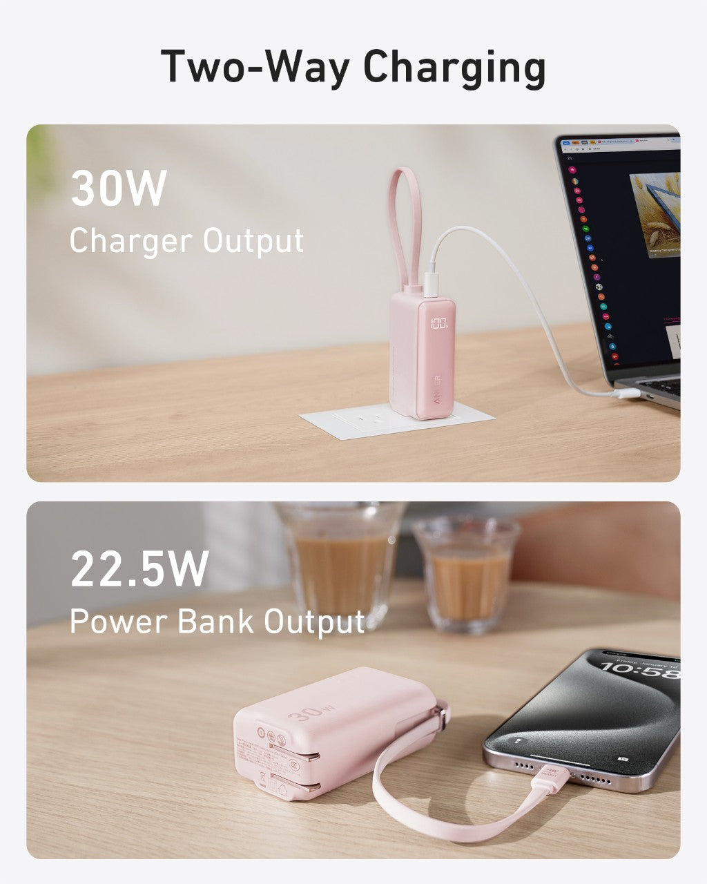 Anker Power Bank (30W, 5k, Fusion, Built-In USB-C Cable)