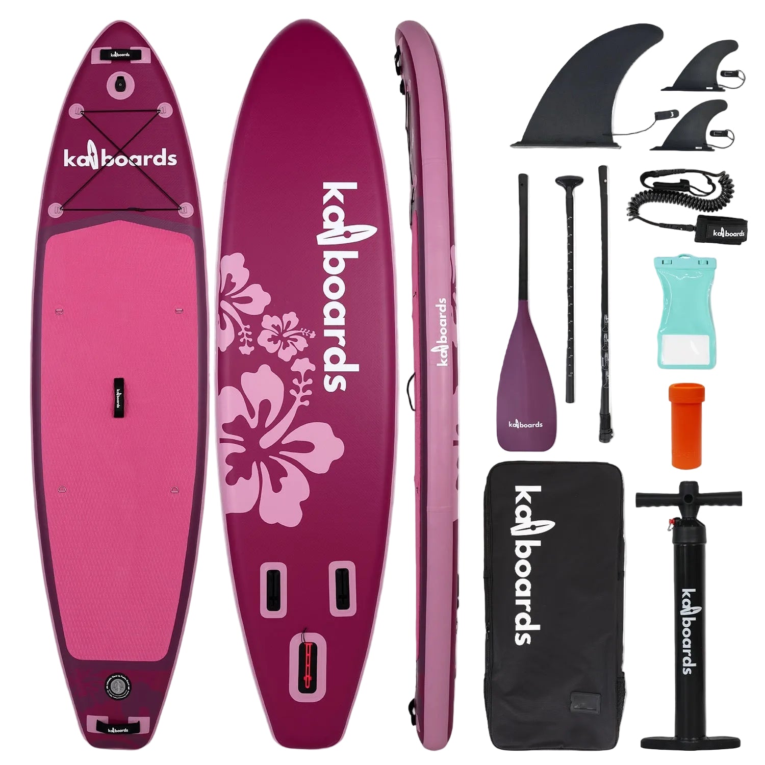 Sup board with pink floral design, kalboards branding, and accessories on a white background