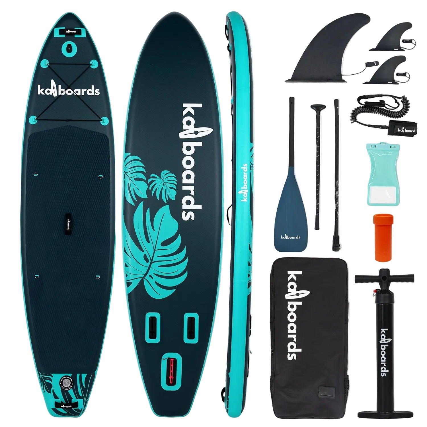 Green Paddleboard set with board, fins, paddle, pump, and accessories on a white background