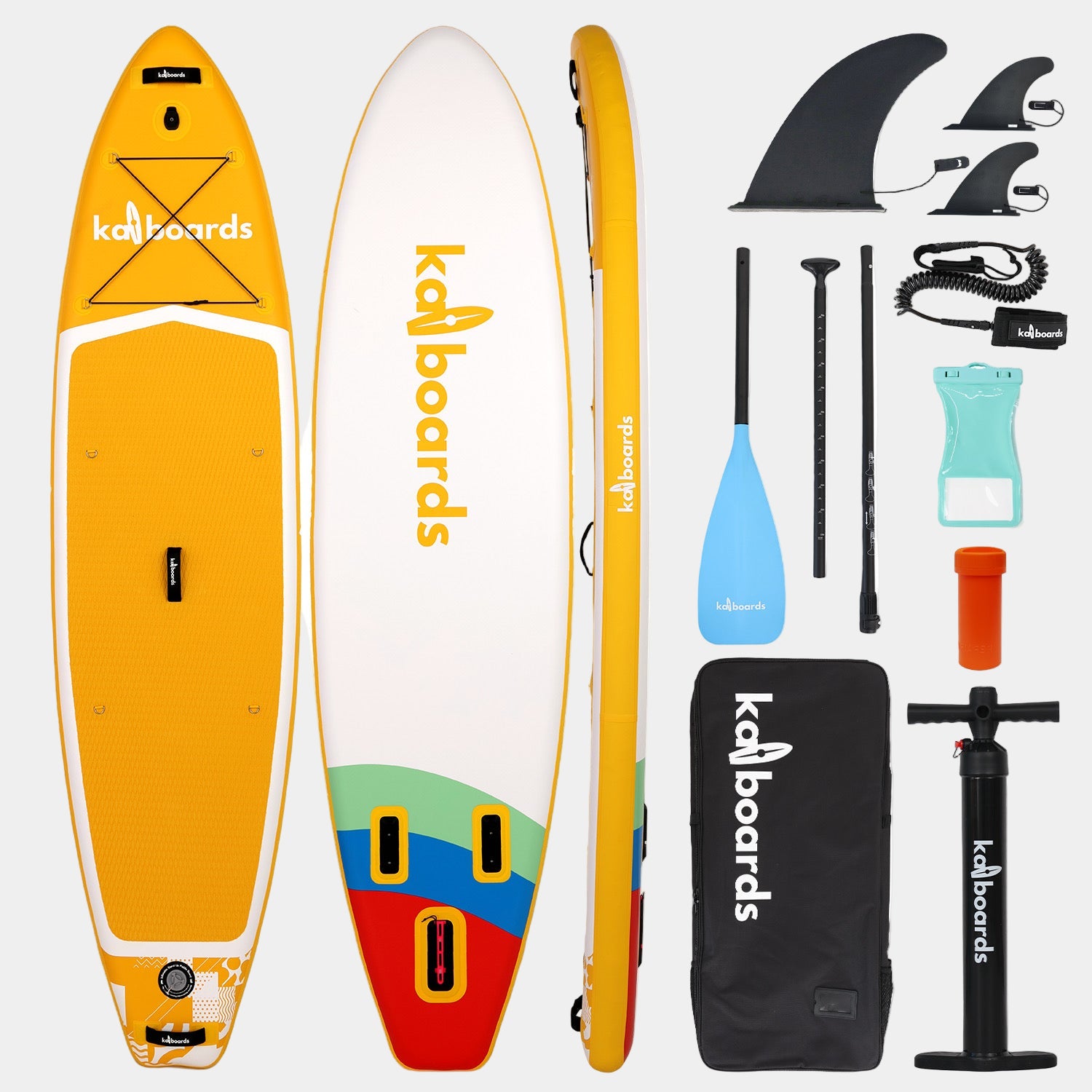Yellow paddleboard set with various accessories on a white background