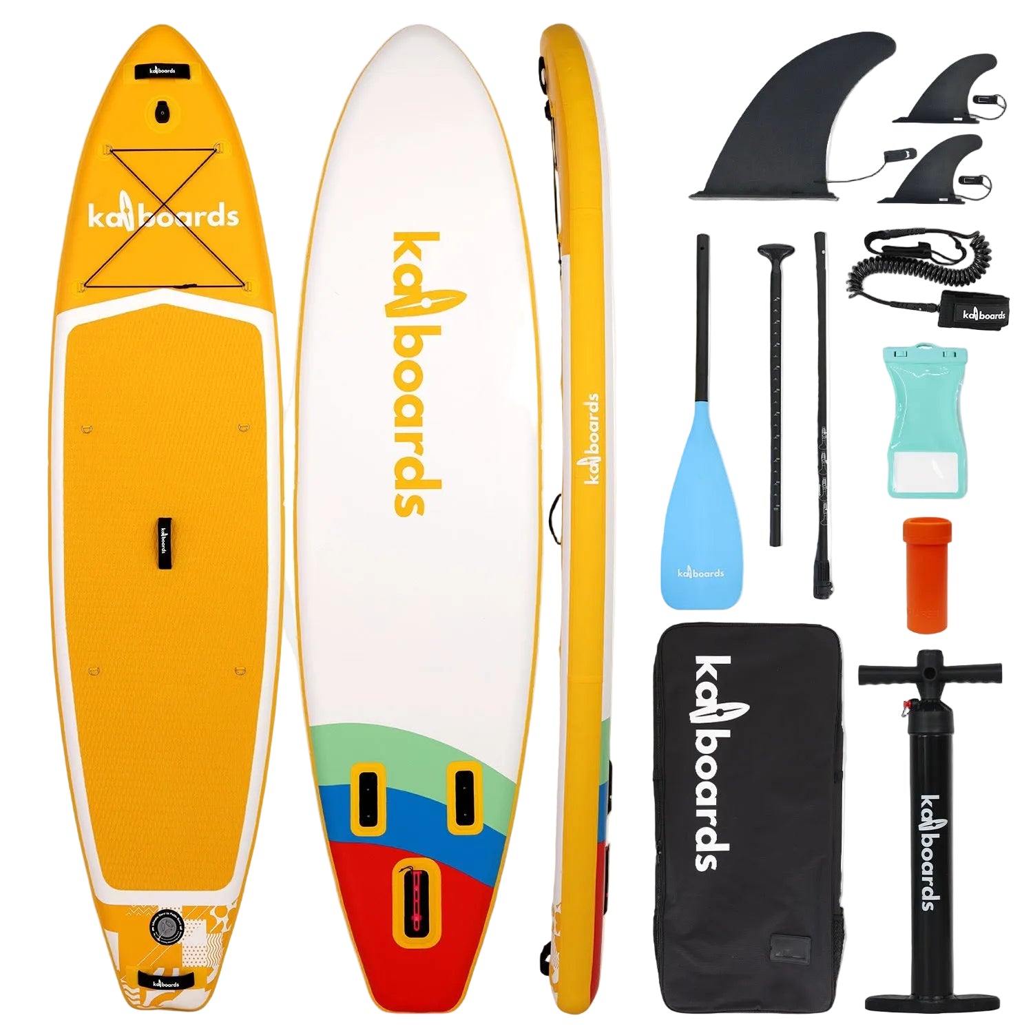 Yellow paddleboard set with various accessories on a white background