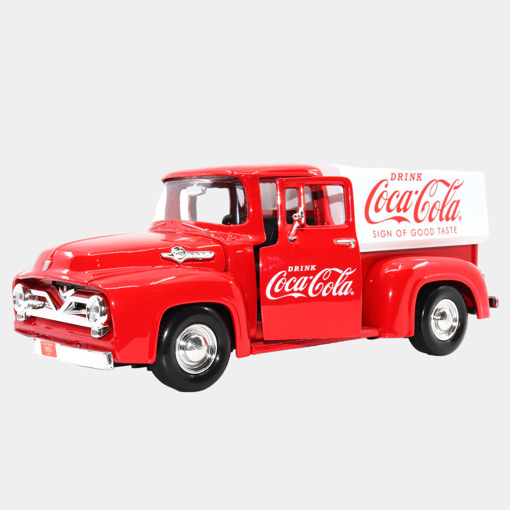 Red model truck with Coca-Cola branding on a white background
