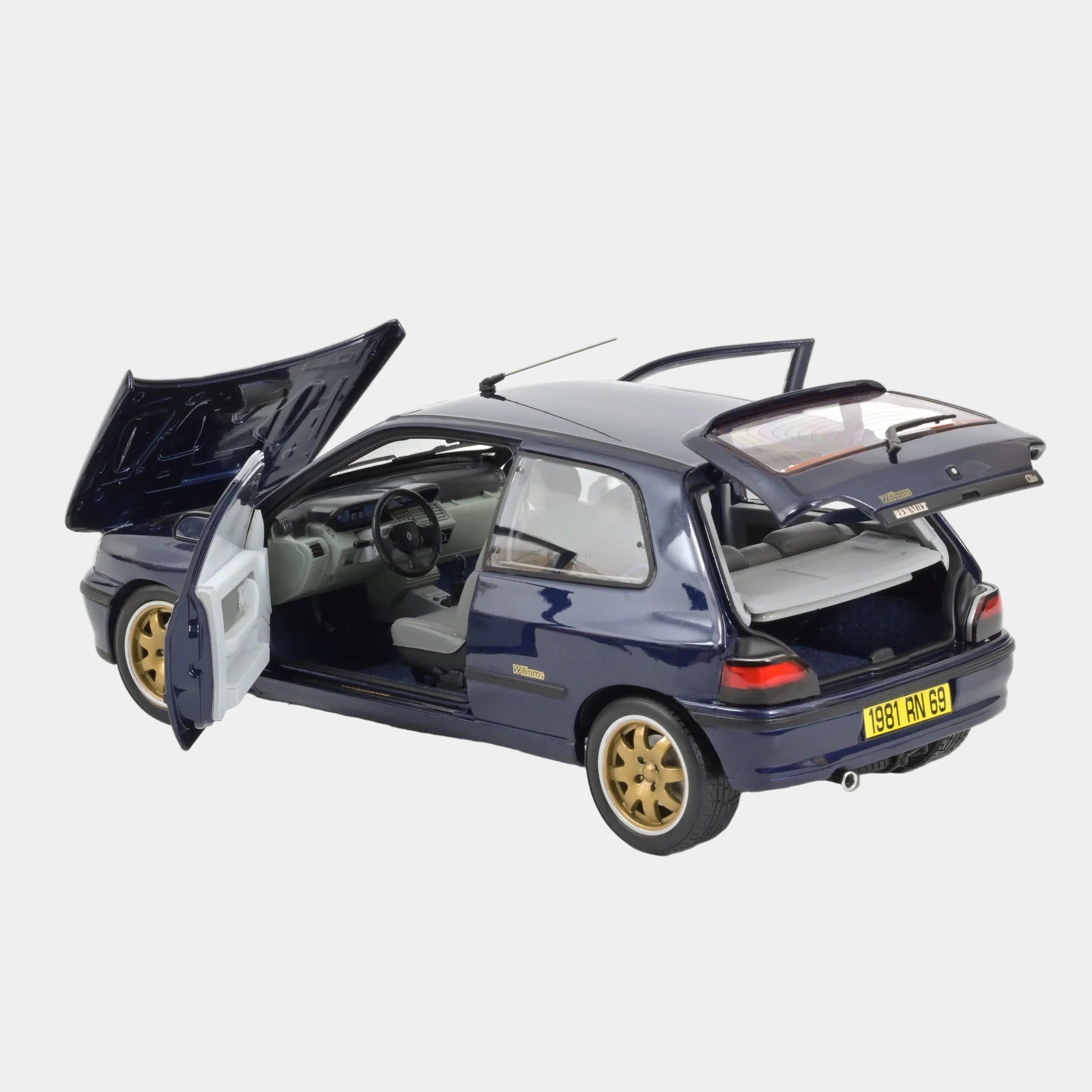 Model car with open doors on a white background