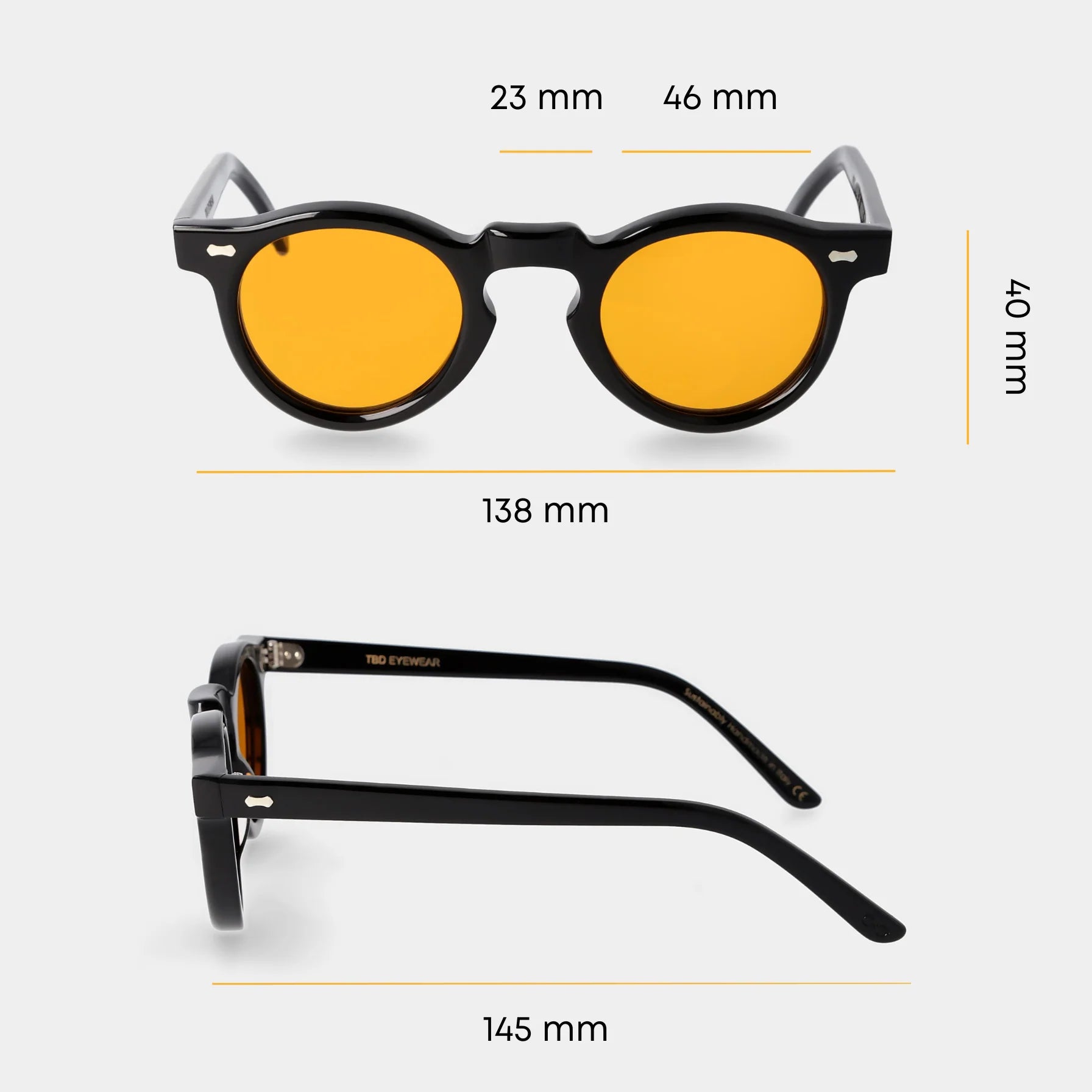 TBD Eyewear Welt Eco Black Orange Lens Sunglasses Dimensions