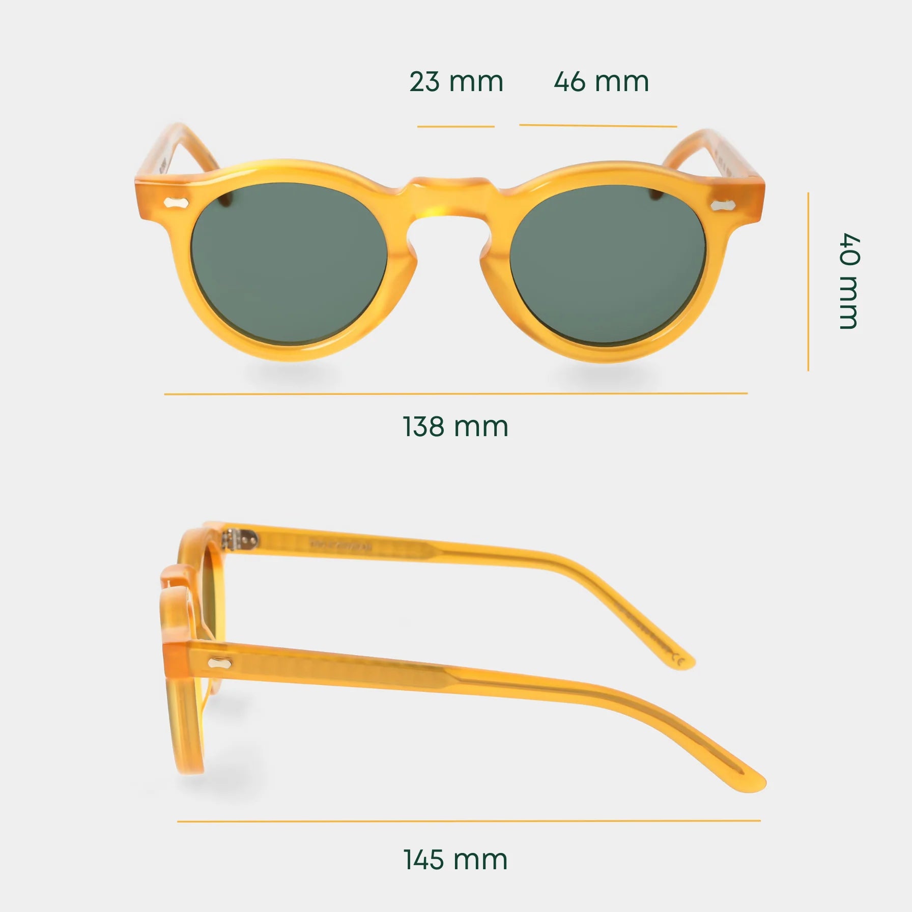 TBD Eyewear Welt Eco Honey Bottle Green Lens Sunglasses Dimensions