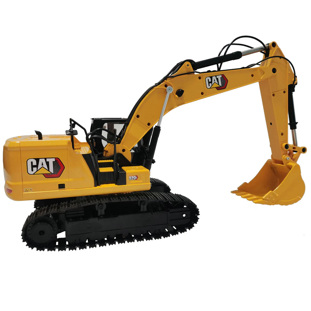 Yellow toy excavator with Caterpillar logo on a white background