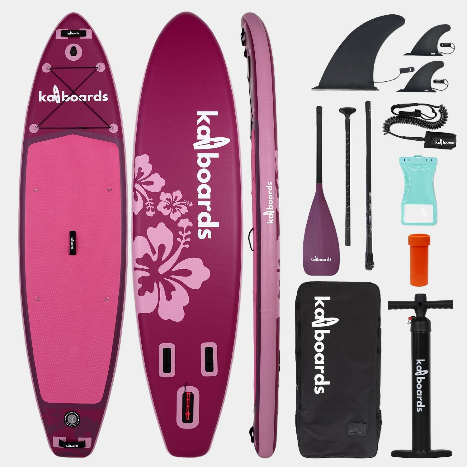 Sup board with pink floral design, kalboards branding, and accessories on a white background