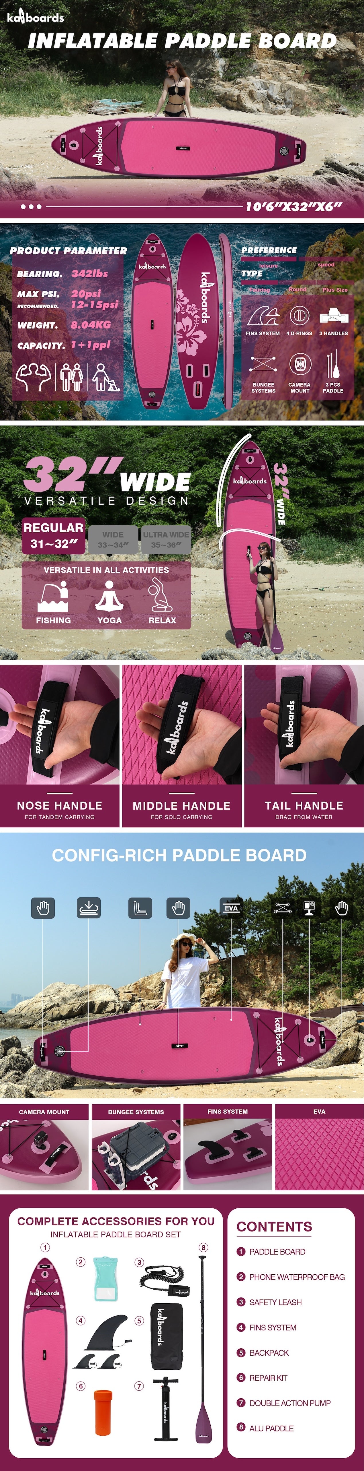 Kai Boards The Hibiscus 10’6 Inflatable SUP Paddle Board Set - Pink