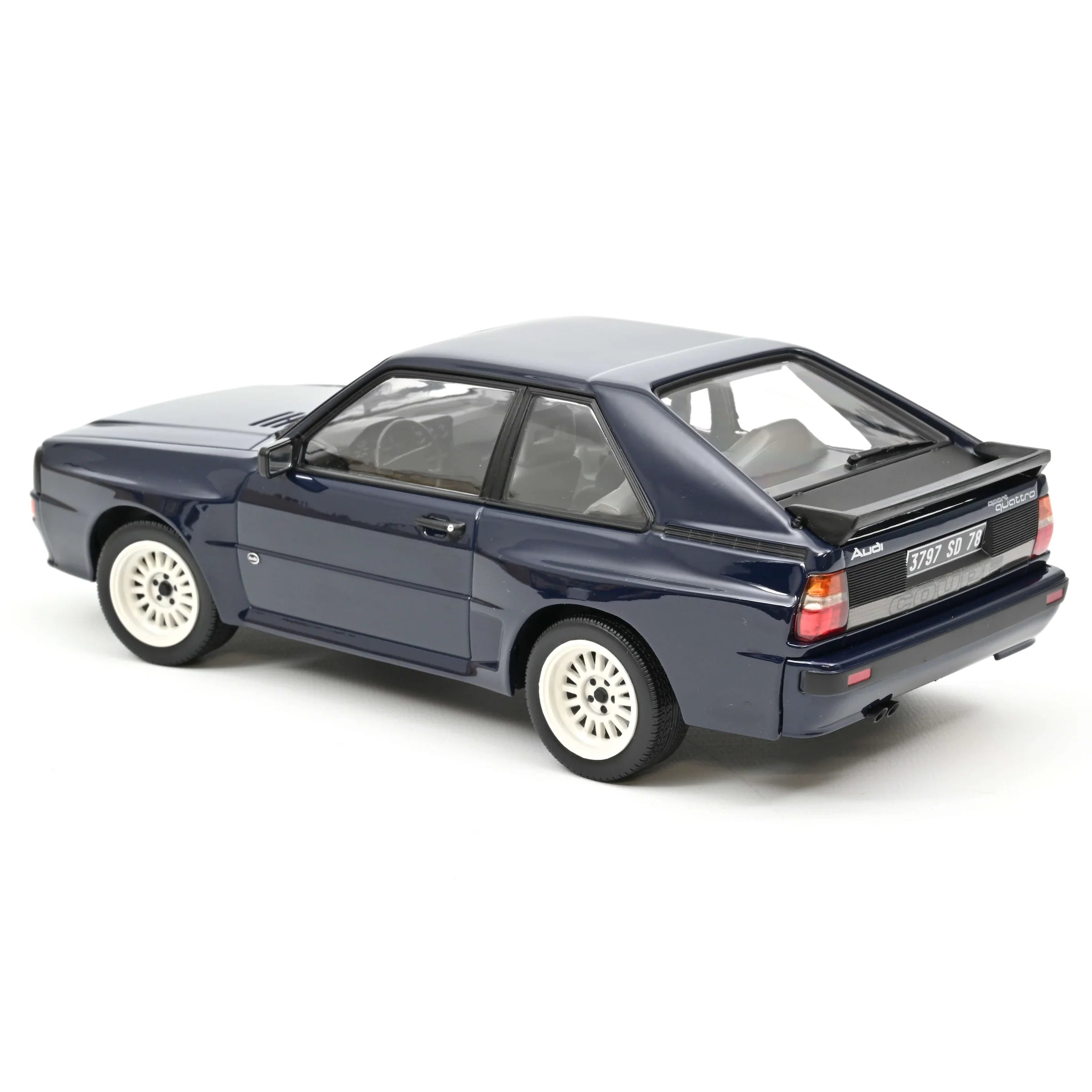 Model car of a blue Audi Quattro on a white background