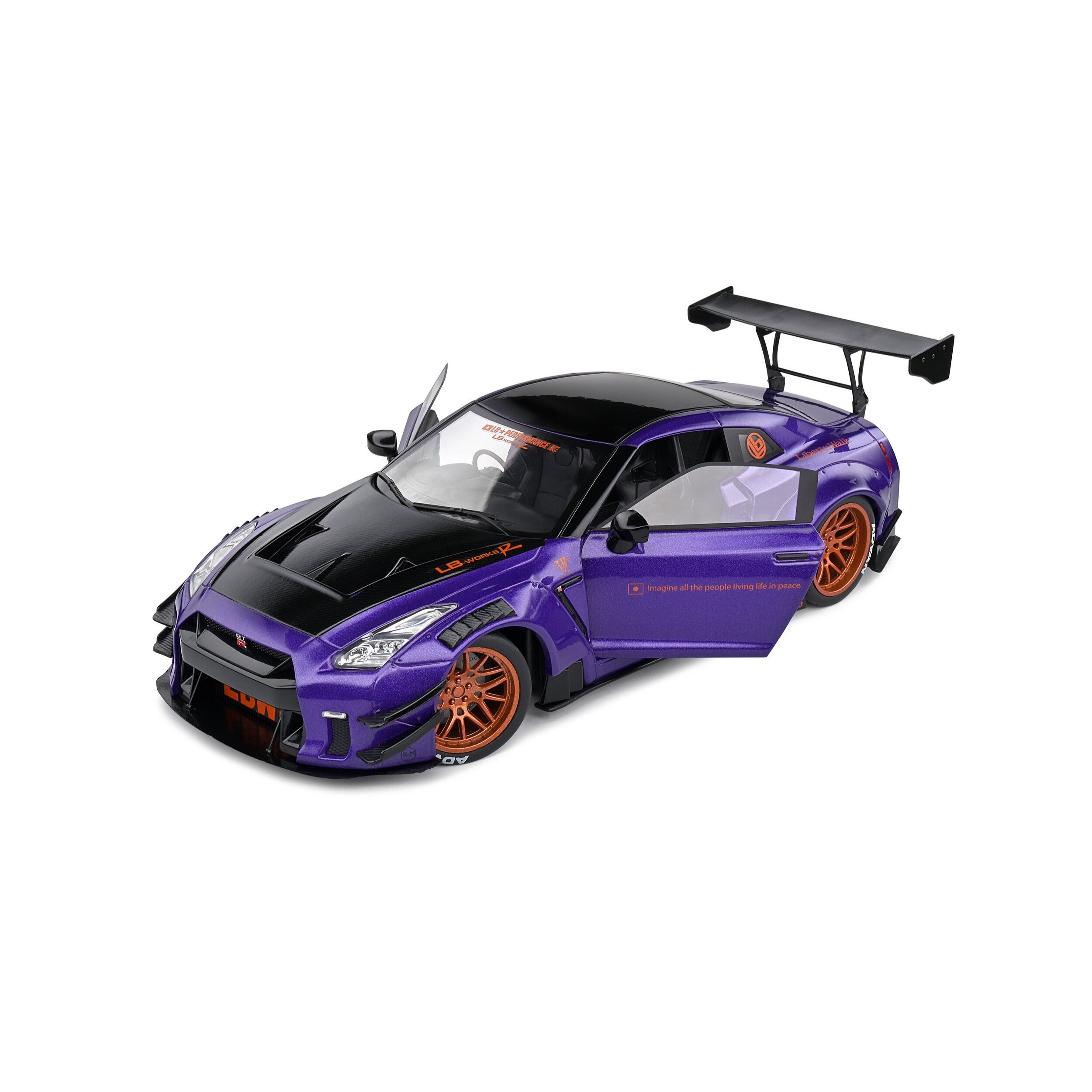 Solido Nissan GT-R (R35) Liberty Walk Body Kit 2.0 Purple - 2022 1:18 Diecast Car Open Door Front